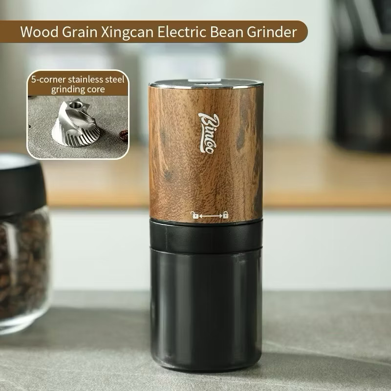BINCOO Electric Bean Grinder Steel Burrs Coffee Bean Grinder Mini Household Portable Wood Grain GrindingCoffee Appliance