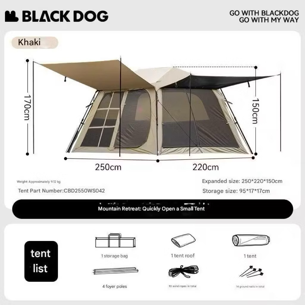 BLACKDOG Auto Tent Khaki Outdoor Camping Large Rainproof Tent Khemah Besar Mountain Hider Automatic