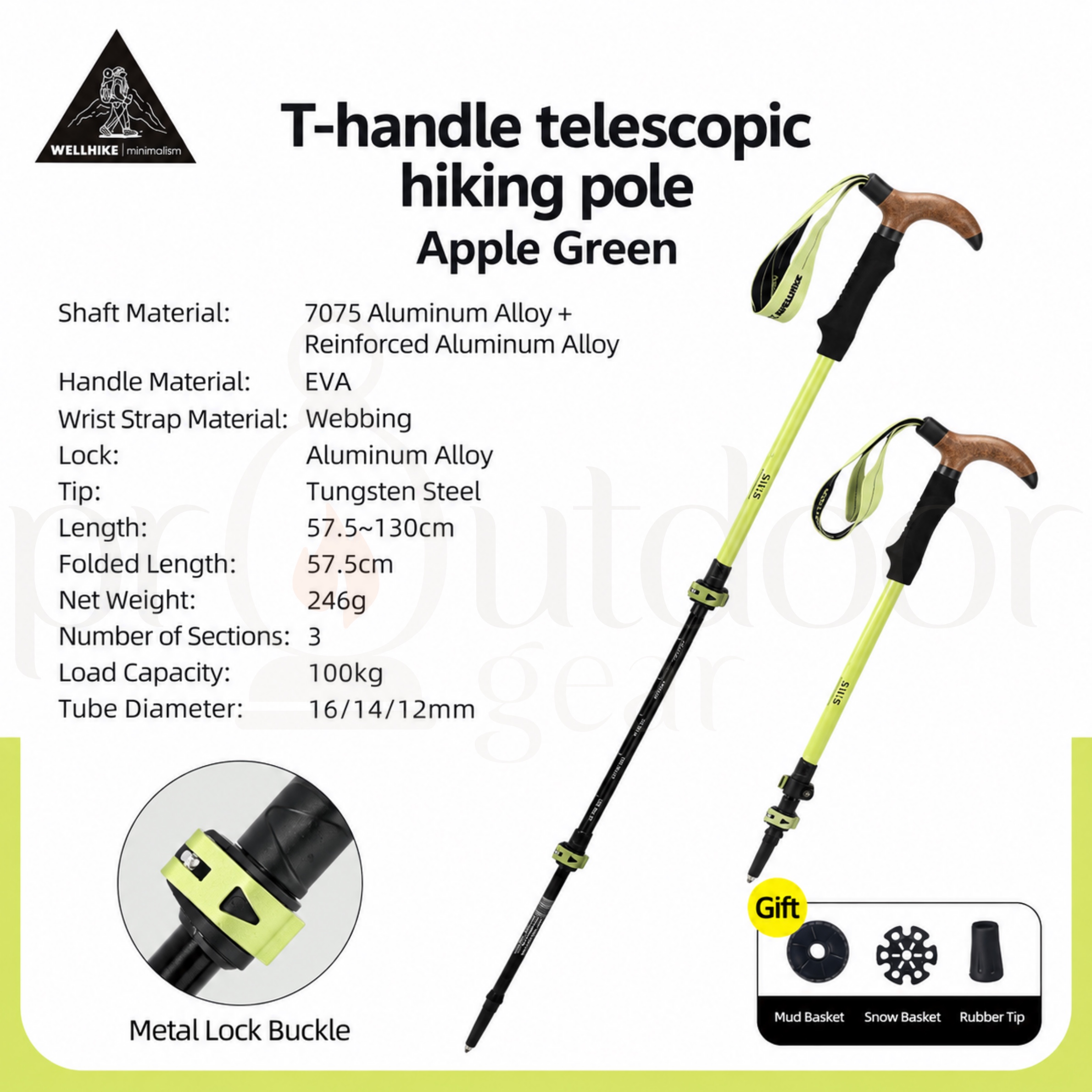 WELLHIKE T-Handle Telescopic Trekking Pole Adjustable 57.5-130cm Lightweight 7075 Aluminum Alloy Hiking Walking Stick