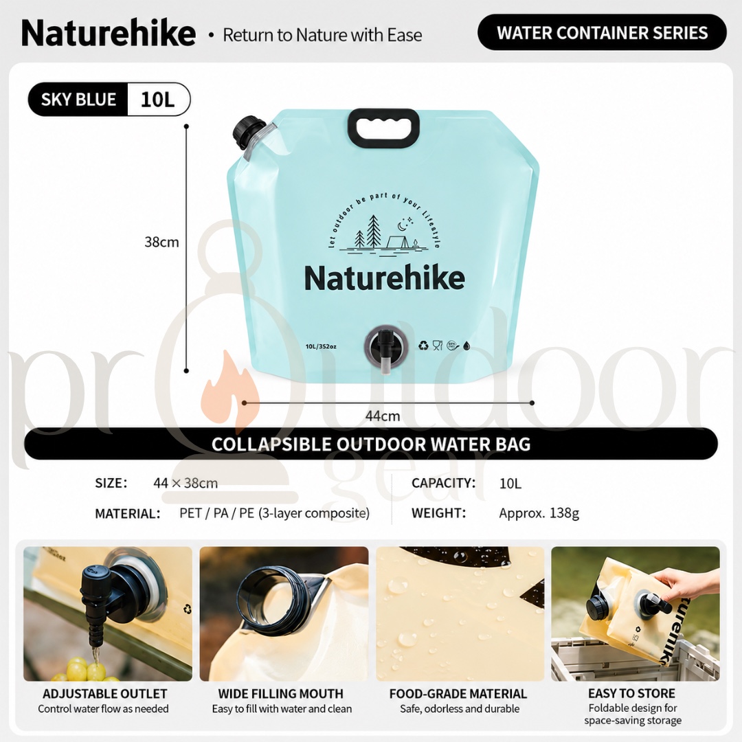 NATUREHIKE CNK2450CF027 Ling Wo 10L Collapsible Water Container Outdoor Water Bag Food Grade Foldable Camping Water Storage Bag