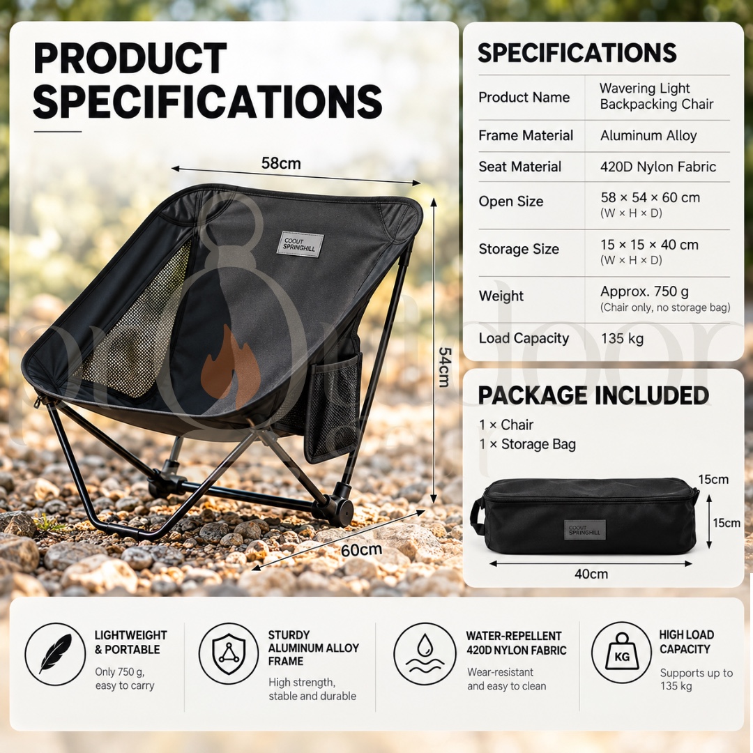 GOOUT SPRINGHILL Wavering Light Backpacking Chair Ultralight Folding Camping Chair 420D Nylon Portable Outdoor Chair 135KG