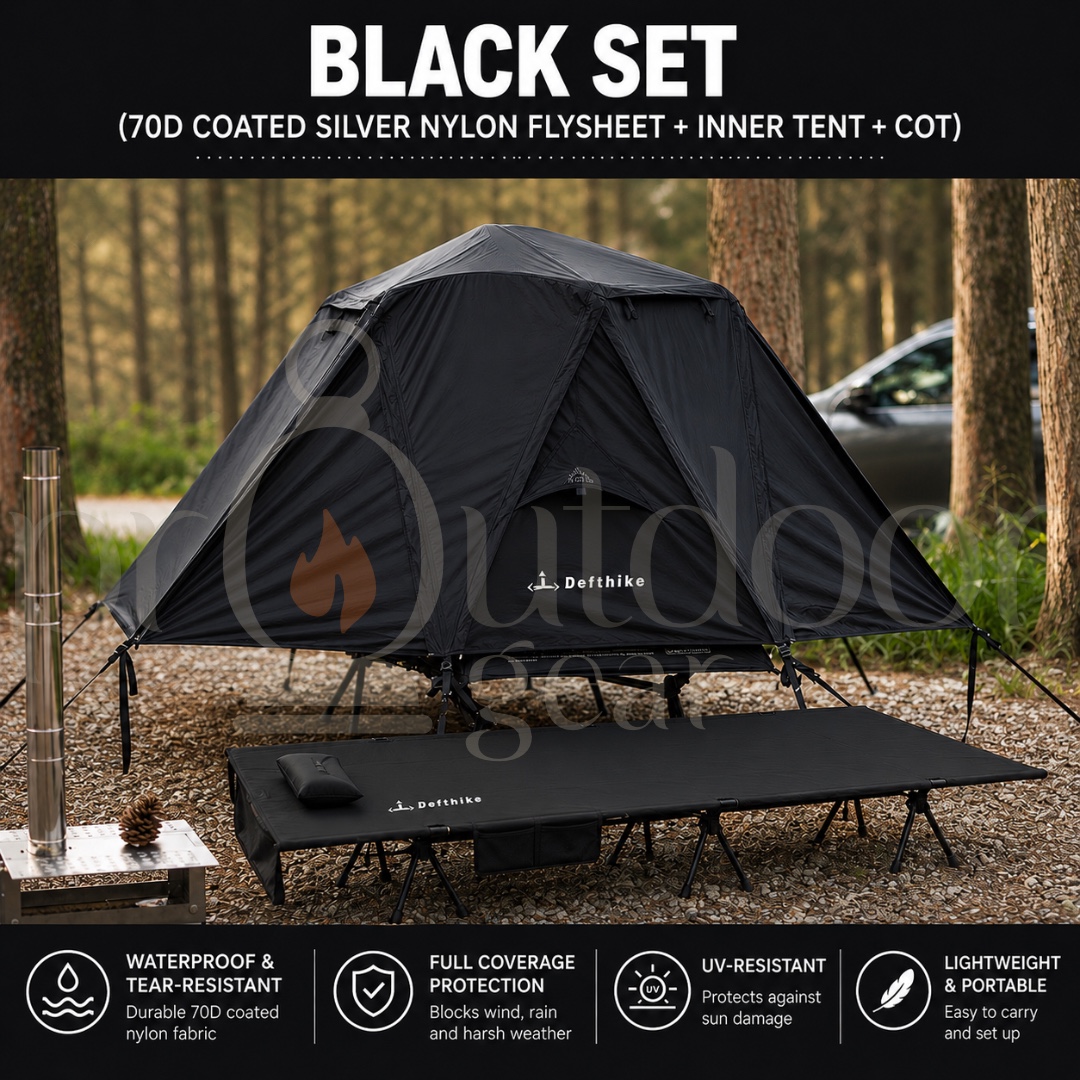 DEFTHIKE Camping Cot Tent Set 70D Silver Coated Nylon Flysheet + Inner Tent + Cot Outdoor Single Person Camping Shelter