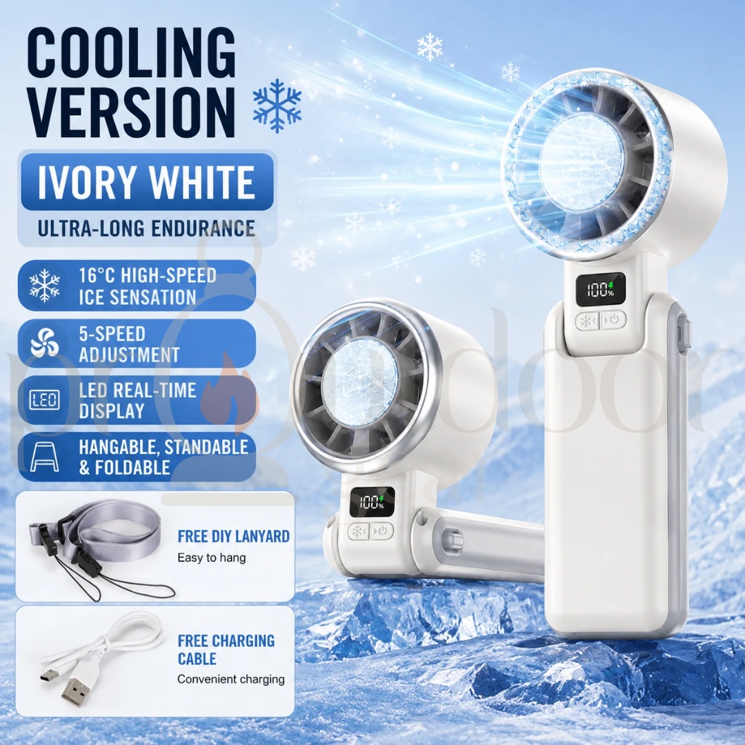 H03B Portable Ice Cooling Handheld Fan Rechargeable USB-C 5 Speed LED Display Neck Hanging Desktop Camping Travel Fan