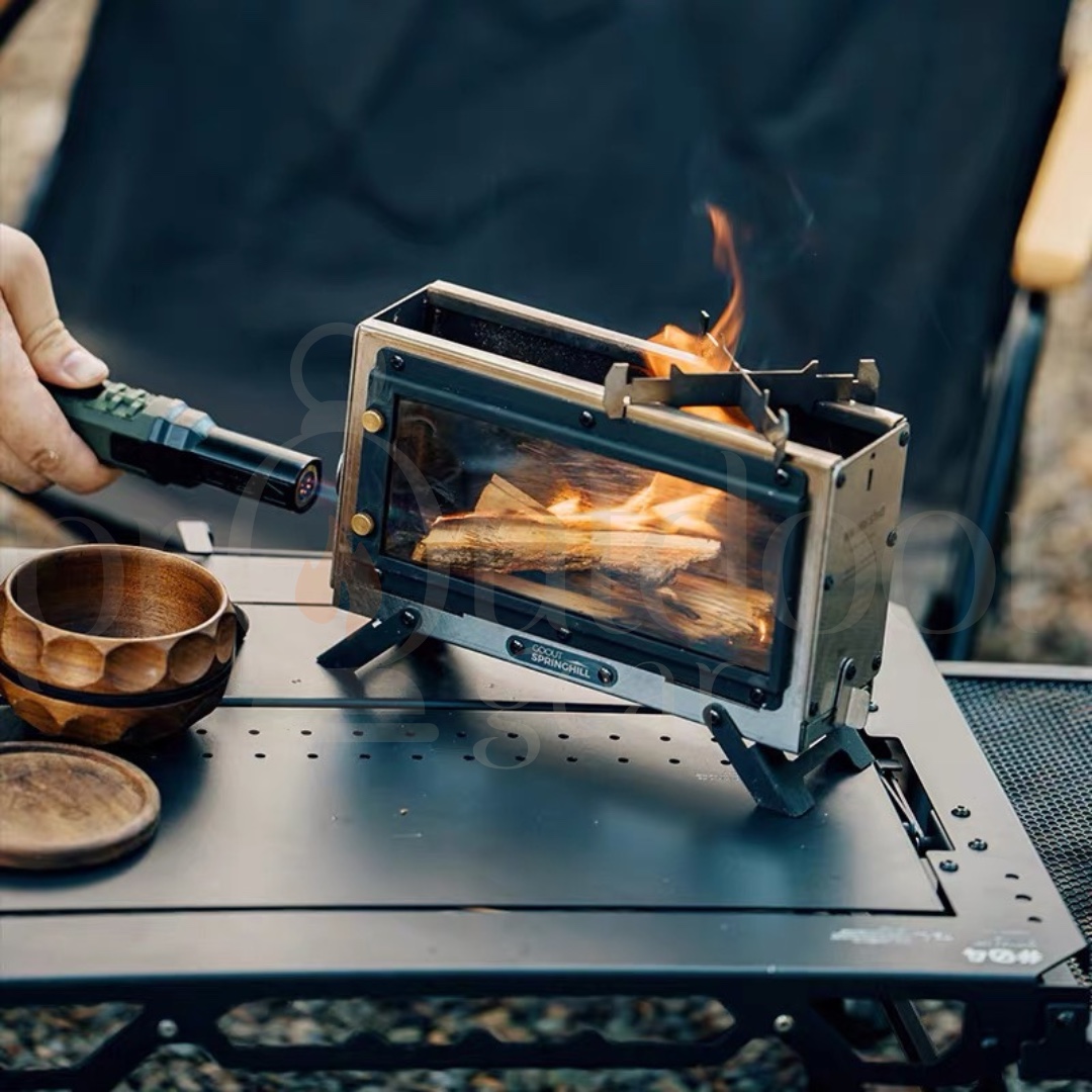 GOOUT Springhill Mini Fireplace Stove Portable Camping Wood Stove Stainless Steel Firebox Glass Window Outdoor Heater