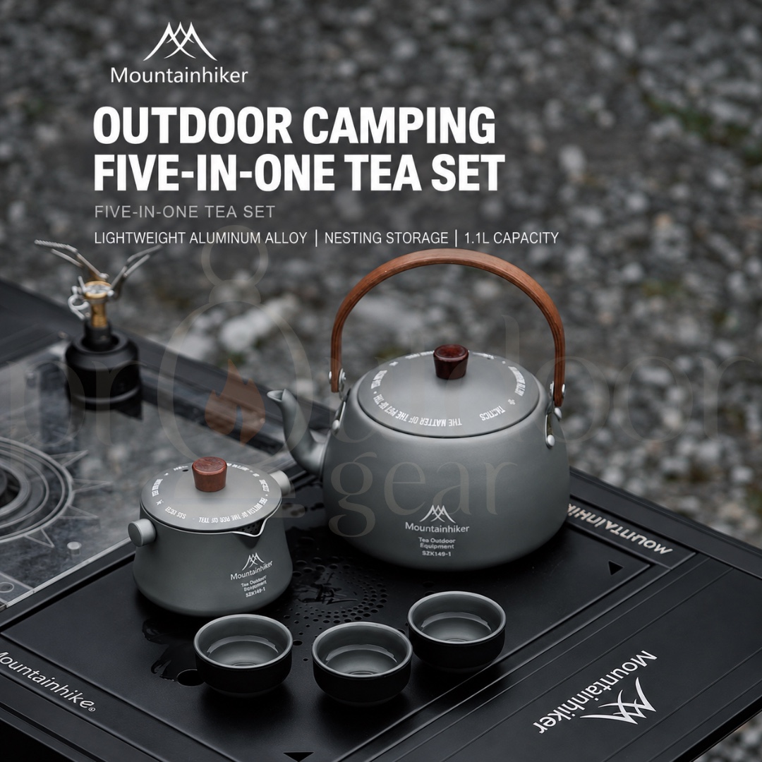 MOUNTAINHIKER SZK1418 Outdoor Camping 5-in-1 Tea Set 1.1L Aluminium Alloy Kettle Teapot 3 Tea Cups Portable Tea Set