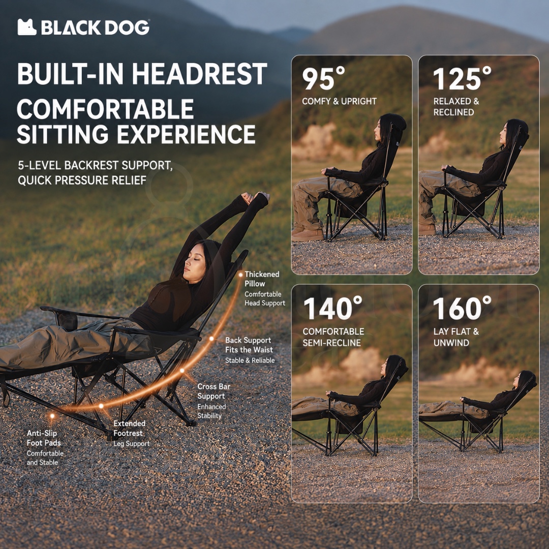 BLACKDOG CBD2300JJ021 CBD2550JJ066 MAN XIANG Mesh Folding Reclining Camping Chair Adjustable Footrest High Back
