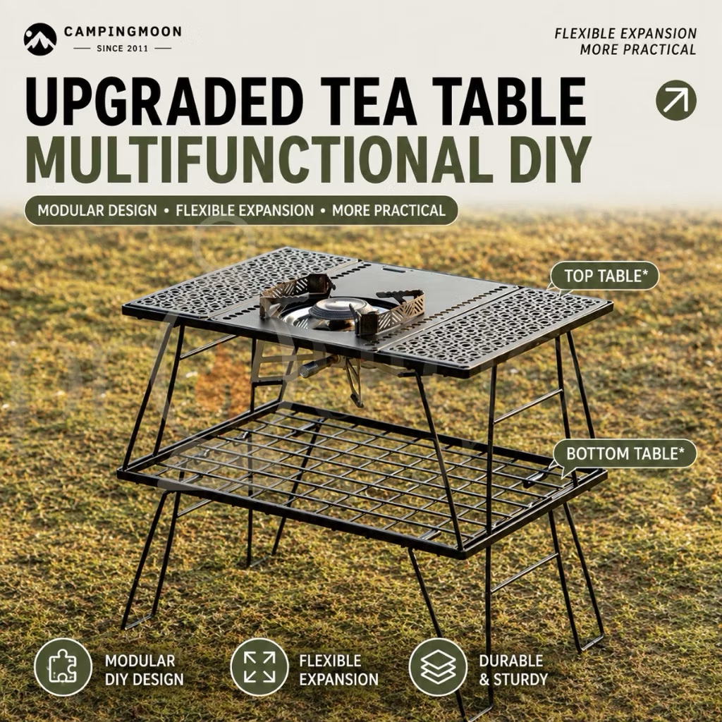 CAMPINGMOON CK-1G/CK-2G IGT Double Layer Modular Camping Table Bamboo Top Foldable Cooking Table BBQ Picnic Table