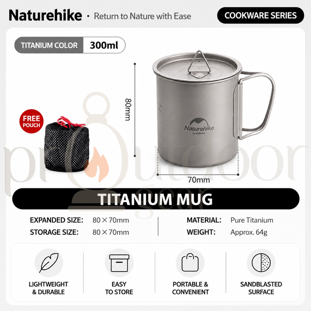 NATUREHIKE 20CJ Titanium Camping Cup & Bowl Ultralight Outdoor Mug Bowl with Lid Foldable Handle Backpacking Cookware