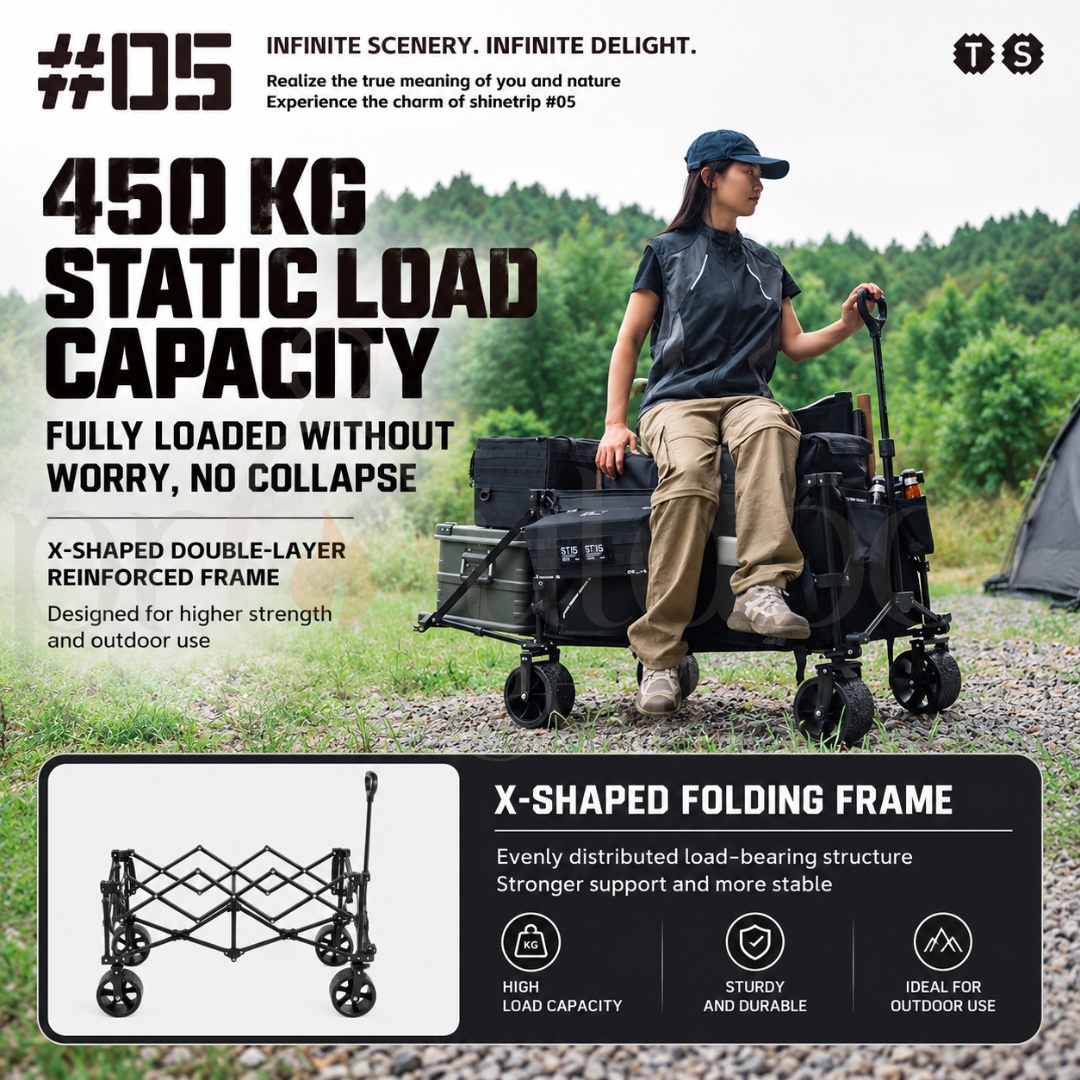 SHINETRIP A605 495L Outdoor Folding Wagon 450KG Heavy Duty Camping Trolley Foldable Cart Extendable Storage