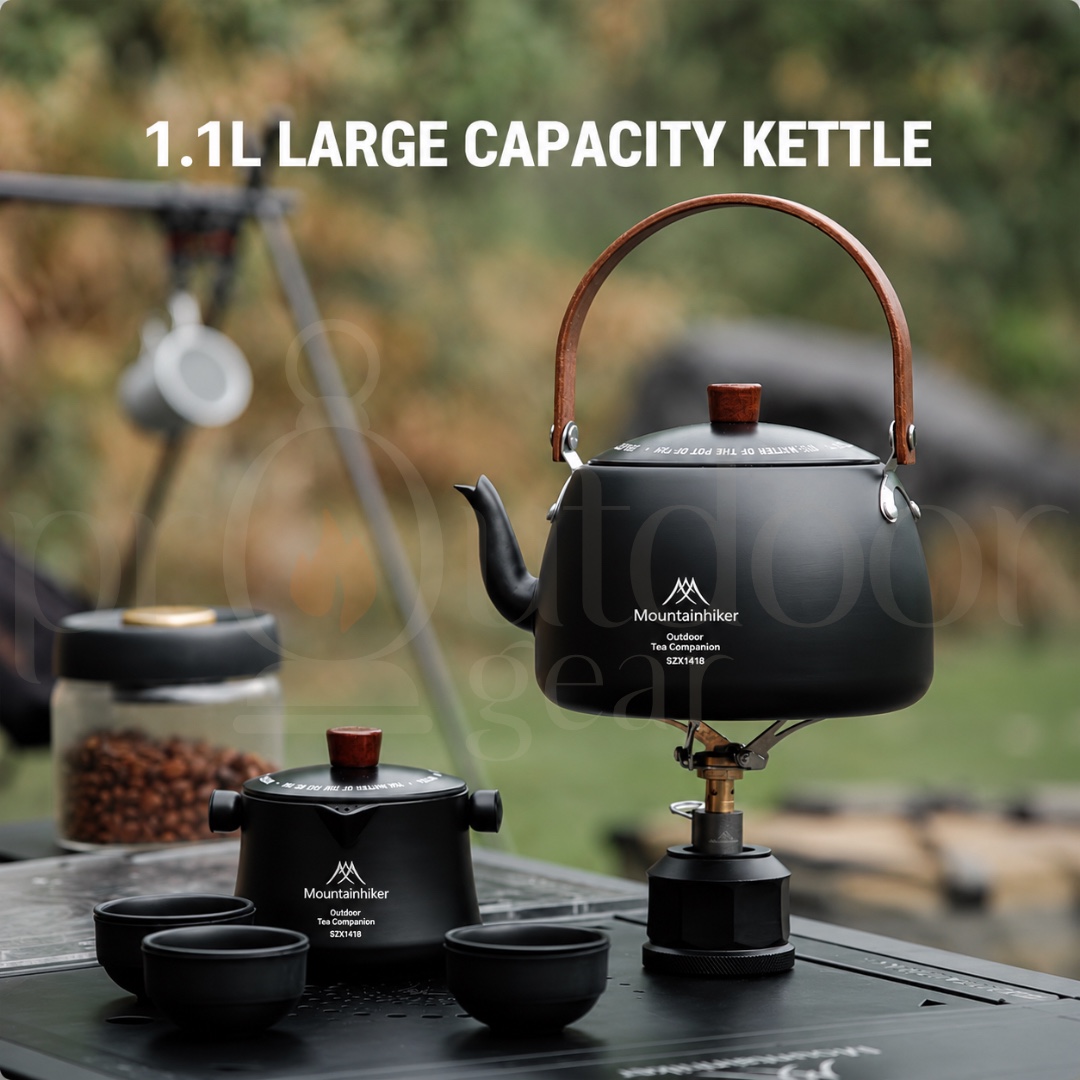 MOUNTAINHIKER SZK1418 Outdoor Camping 5-in-1 Tea Set 1.1L Aluminium Alloy Kettle Teapot 3 Tea Cups Portable Tea Set