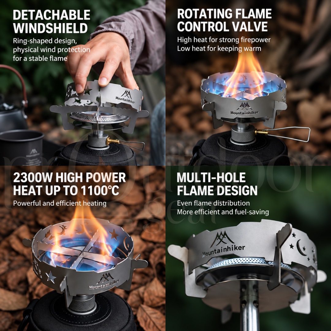 MOUNTAINHIKER SZK1448 Portable Camping Gas Stove 2300W Detachable Windshield Lightweight Backpacking Stove