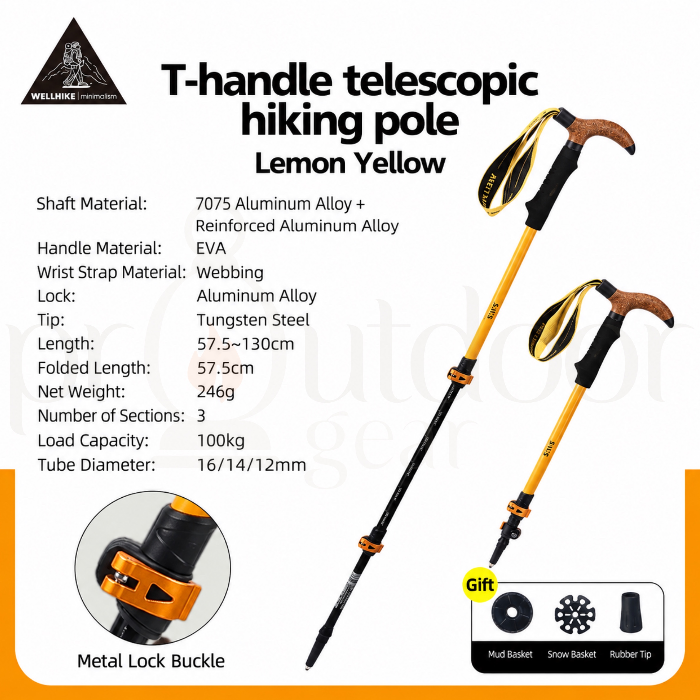 WELLHIKE T-Handle Telescopic Trekking Pole Adjustable 57.5-130cm Lightweight 7075 Aluminum Alloy Hiking Walking Stick