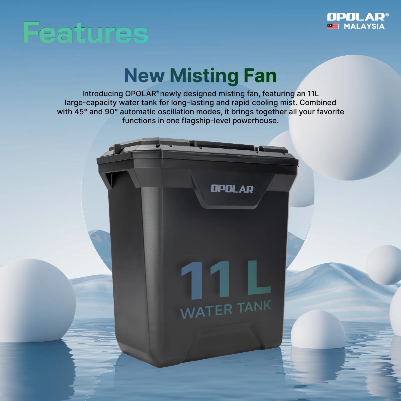 Opolar 11L Water Tank Oscillating & Rechargeable Mist Fan In 10 Inch (20,000mAh Battery Capacity) Model F6201