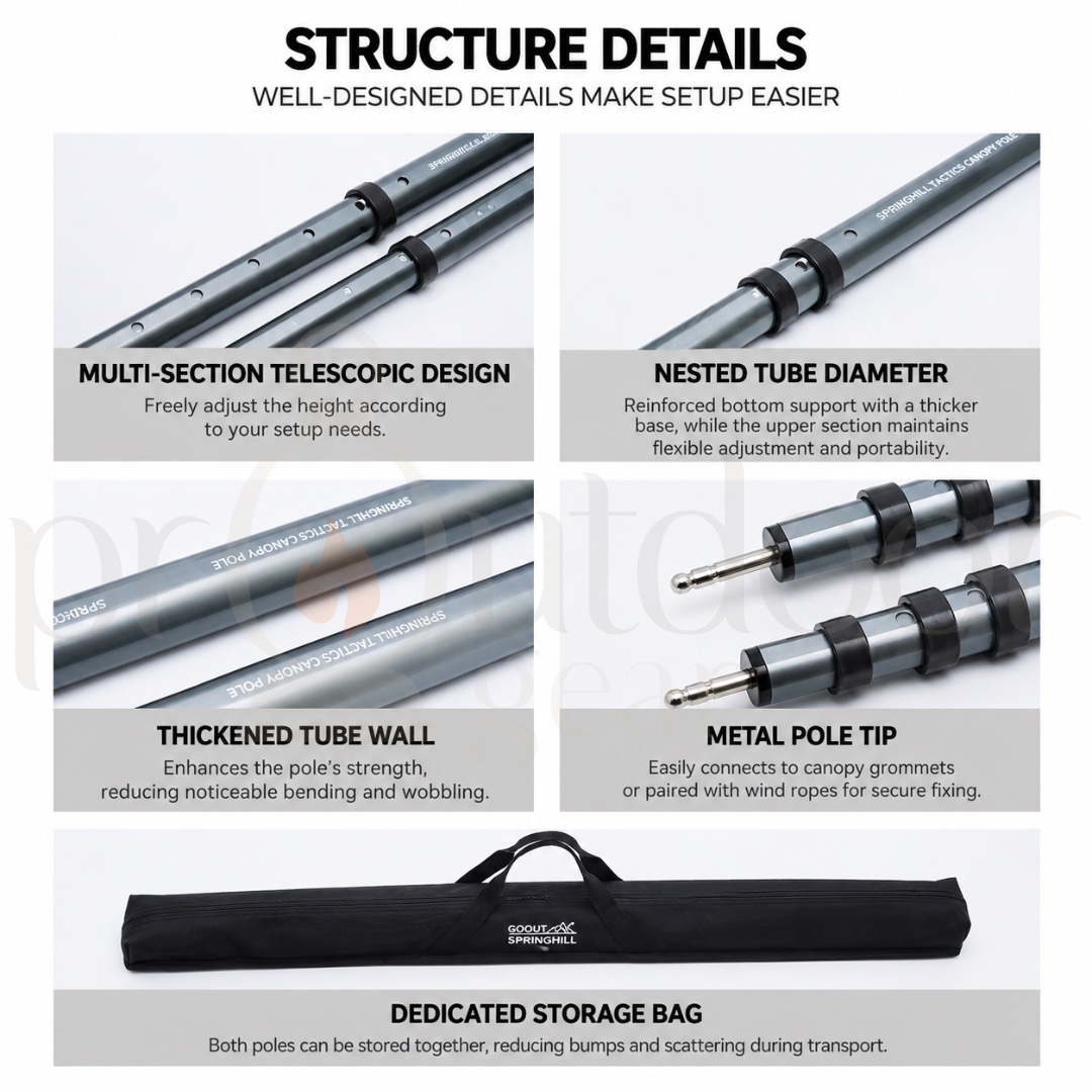 GOOUT SPRINGHILL Tactical Telescopic Canopy Pole 230-280cm Aluminium Alloy Adjustable Tarp Pole 2PCS