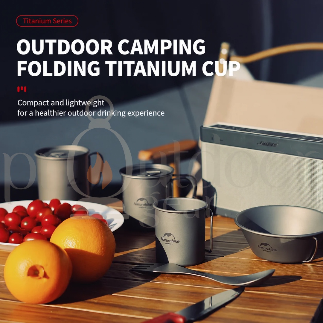 NATUREHIKE 20CJ Titanium Camping Cup & Bowl Ultralight Outdoor Mug Bowl with Lid Foldable Handle Backpacking Cookware