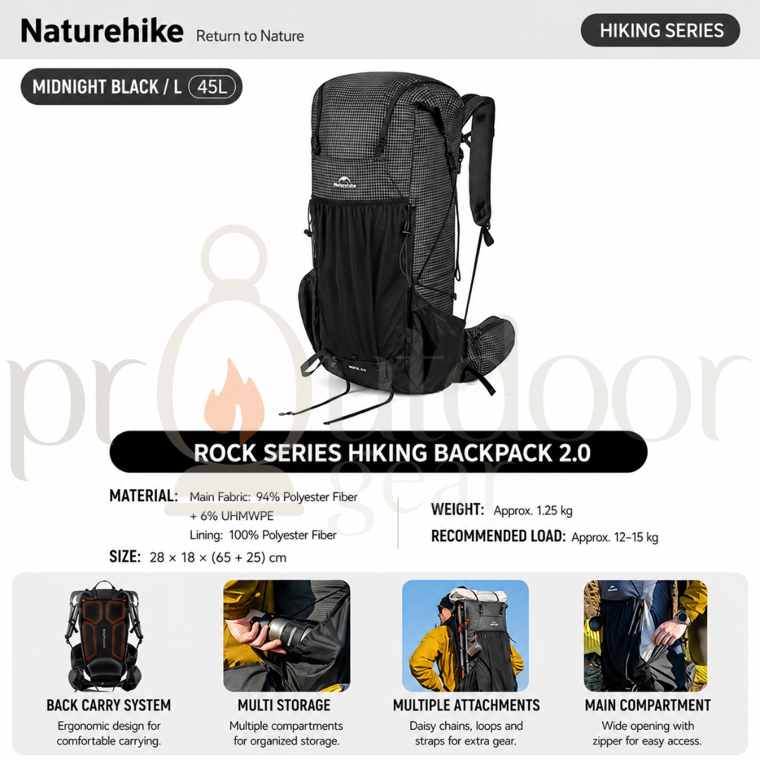 NATUREHIKE CNK2550XB018 Rock Series Hiking Backpack 2.0 60L Lightweight Trekking Backpack Outdoor Camping Travel Bag