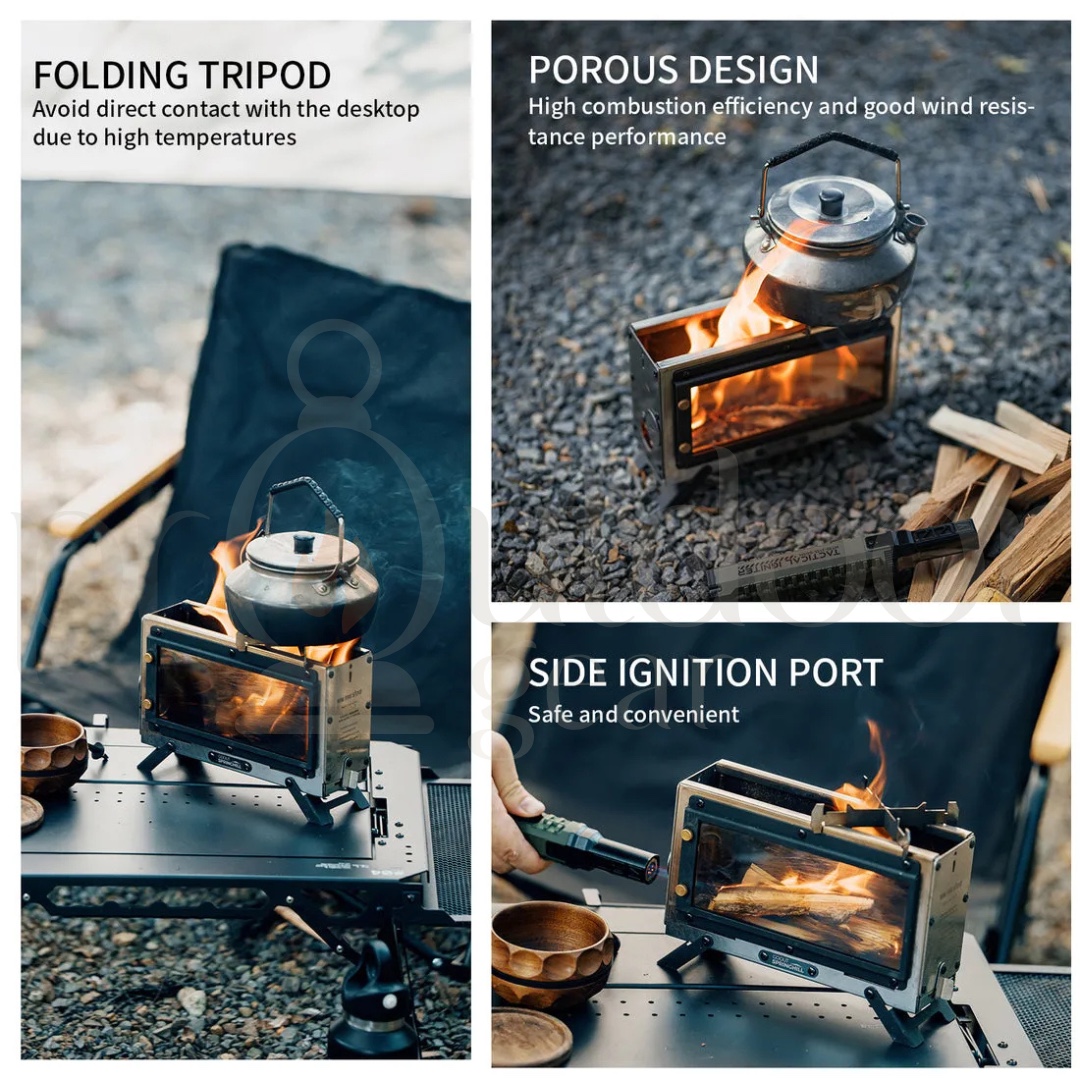 GOOUT Springhill Mini Fireplace Stove Portable Camping Wood Stove Stainless Steel Firebox Glass Window Outdoor Heater