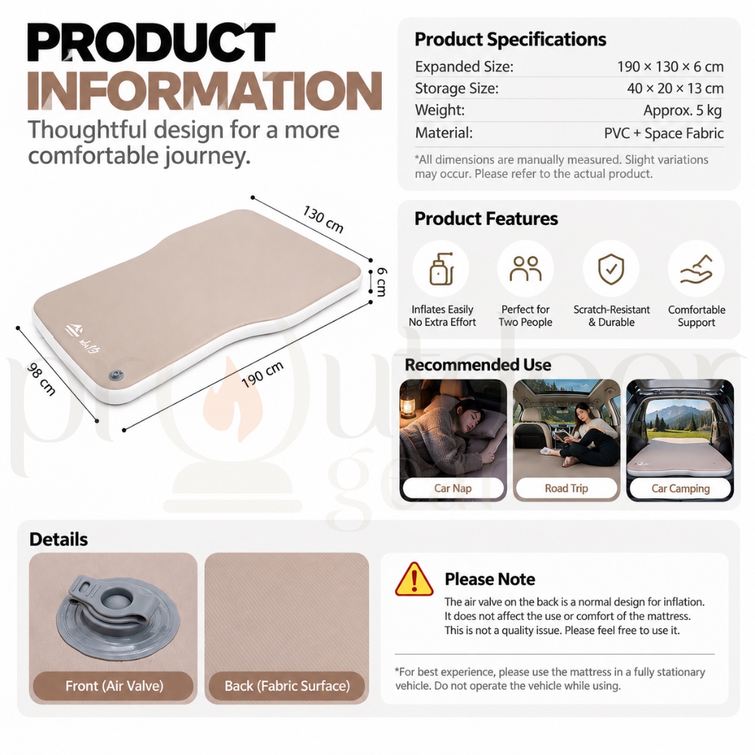 MOUNTAIN 6CM Inflatable Car Mattress Double Camping Sleeping Mat Car Bed Outdoor Travel Mattress