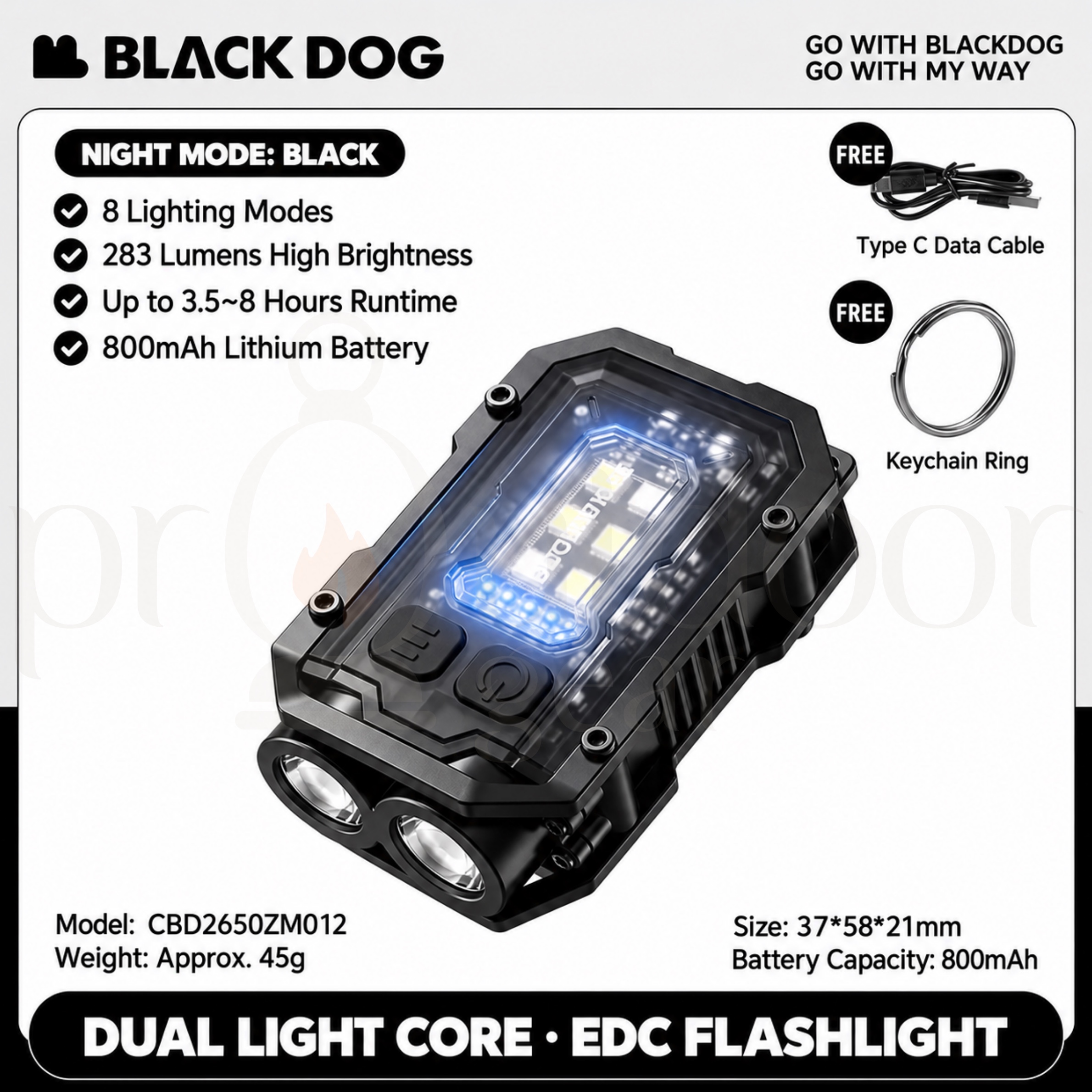 BLACKDOG CBD2650ZM012 EDC Portable Rechargeable Flashlight 283LM Dual LED Mini Torch 8 Light Modes Magnetic Base Type-C Camping Hiking Emergency Light