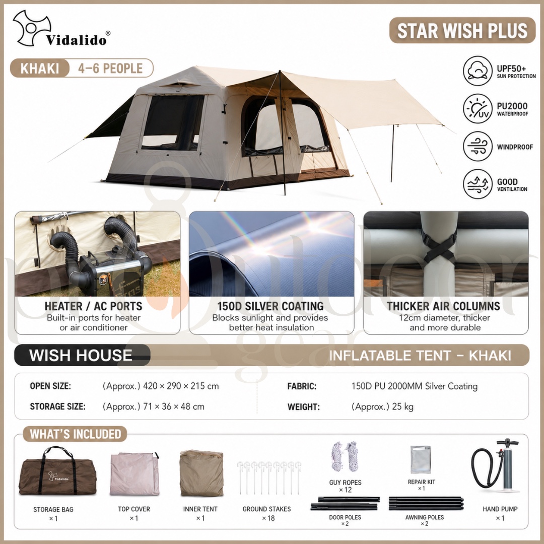 [PRE-ORDER] VIDALIDO Wish House Plus Inflatable Tent 4-6 Person UPF50+ Waterproof PU2000mm Skylight Family Camping Tent