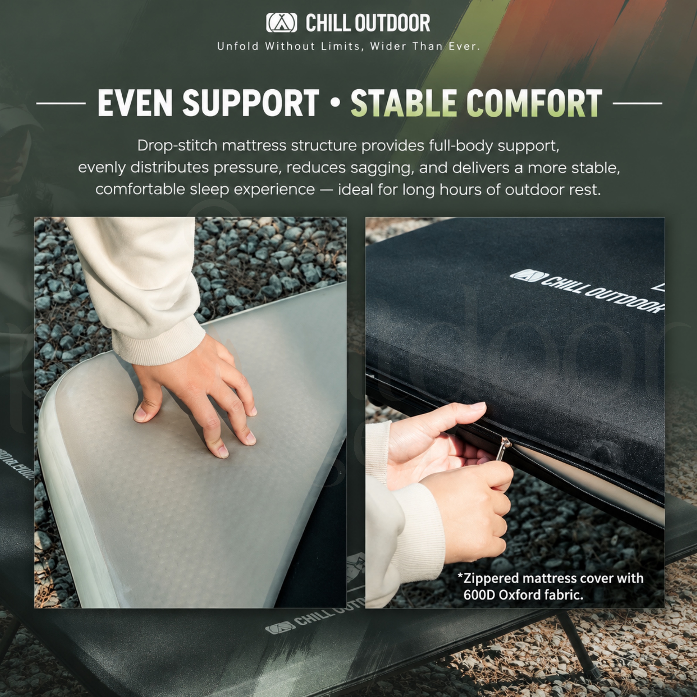 CHILL OUTDOOR Giant Inflatable Tactical Camping Cot Bed Outdoor with Aluminium Frame Portable Sleeping Mattress