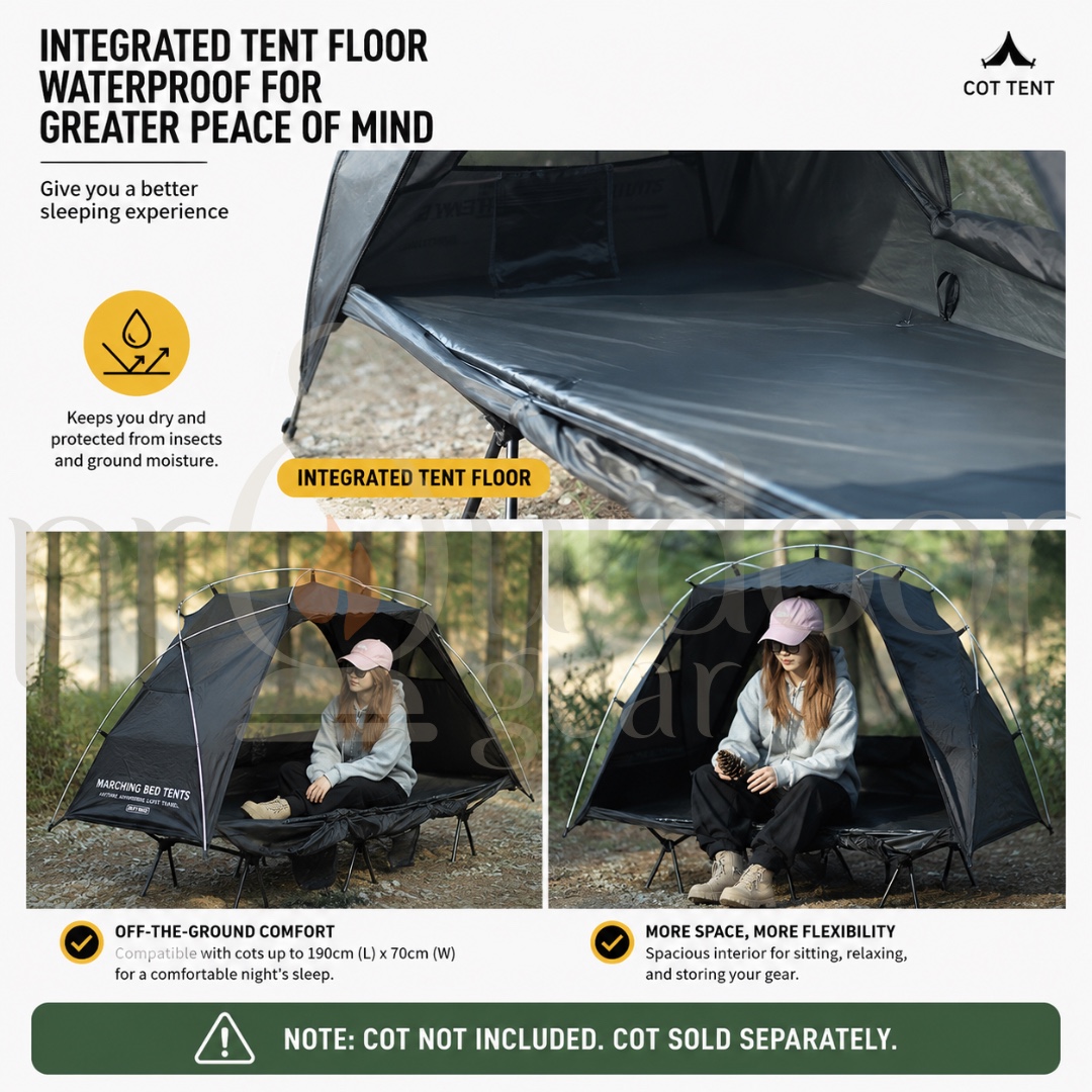 DEFTHIKE Camping Cot Tent Set 70D Silver Coated Nylon Flysheet + Inner Tent + Cot Outdoor Single Person Camping Shelter