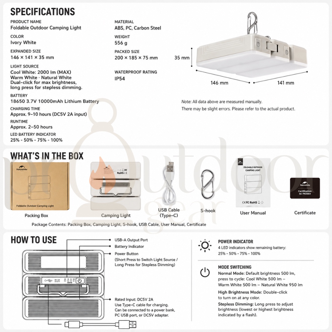 NATUREHIKE CNK2450ZM011 Zhe Guang Rechargeable Camping Lantern Waterproof USB Tent Hanging Light Portable Outdoor Lamp