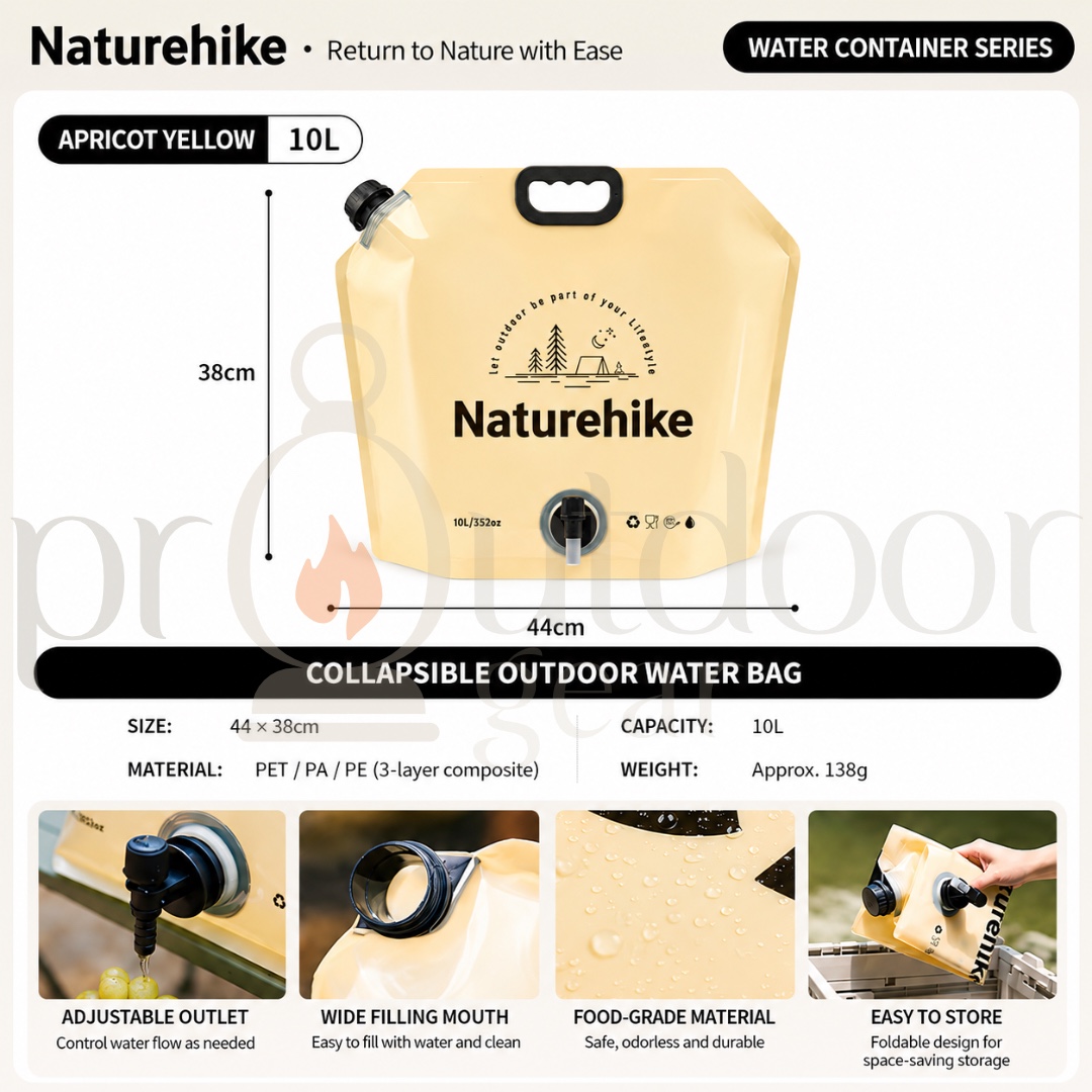 NATUREHIKE CNK2450CF027 Ling Wo 10L Collapsible Water Container Outdoor Water Bag Food Grade Foldable Camping Water Storage Bag