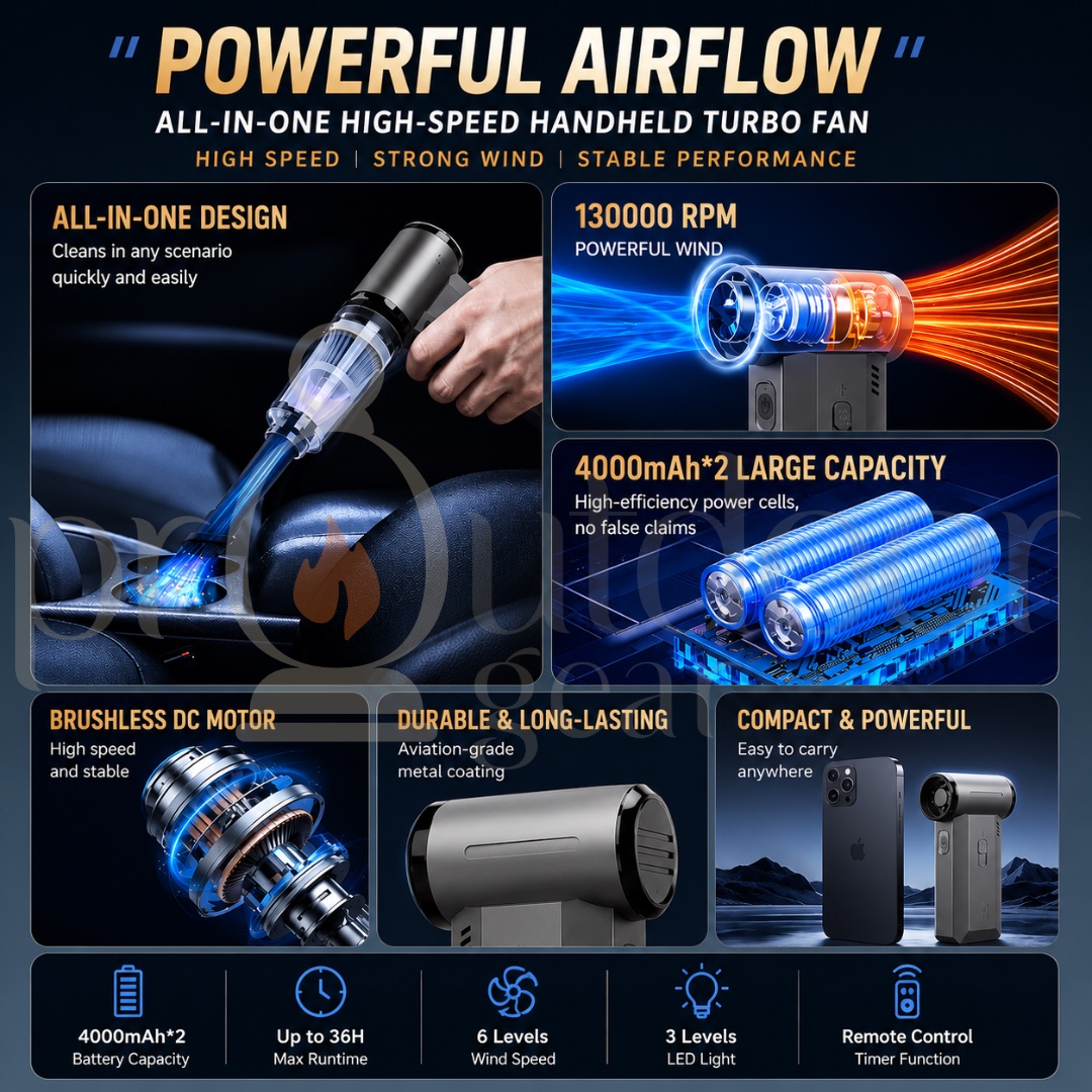 F72 High-Speed Turbo Fan Hurricane Blower & Powerful Wireless Handheld 130,000 RPM Car Vacuum Cleaner