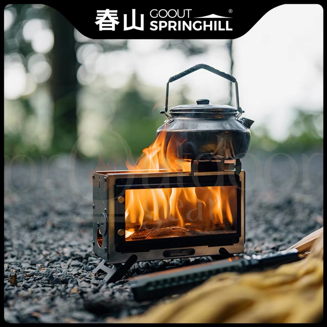 GOOUT Springhill Mini Fireplace Stove Portable Camping Wood Stove Stainless Steel Firebox Glass Window Outdoor Heater
