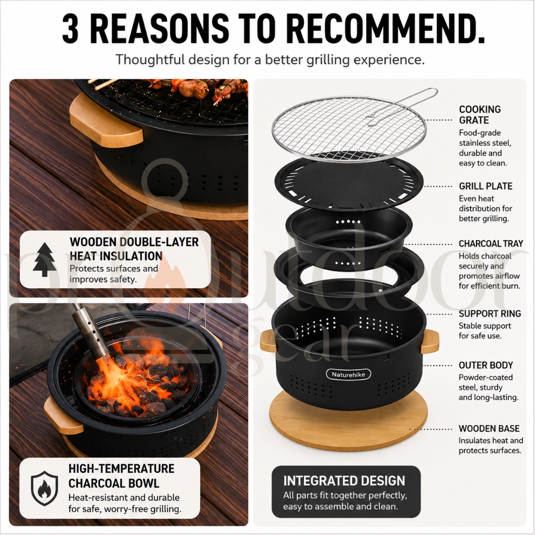 NATUREHIKE Moyan Round Tabletop Grill CNK2550CF010 Portable Detachable BBQ Stove Heat-Resistant Easy to Clean