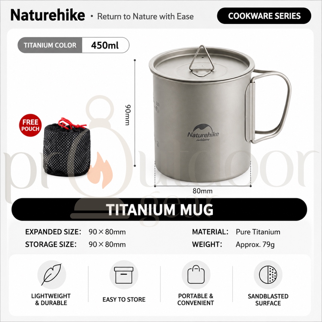 NATUREHIKE 20CJ Titanium Camping Cup & Bowl Ultralight Outdoor Mug Bowl with Lid Foldable Handle Backpacking Cookware