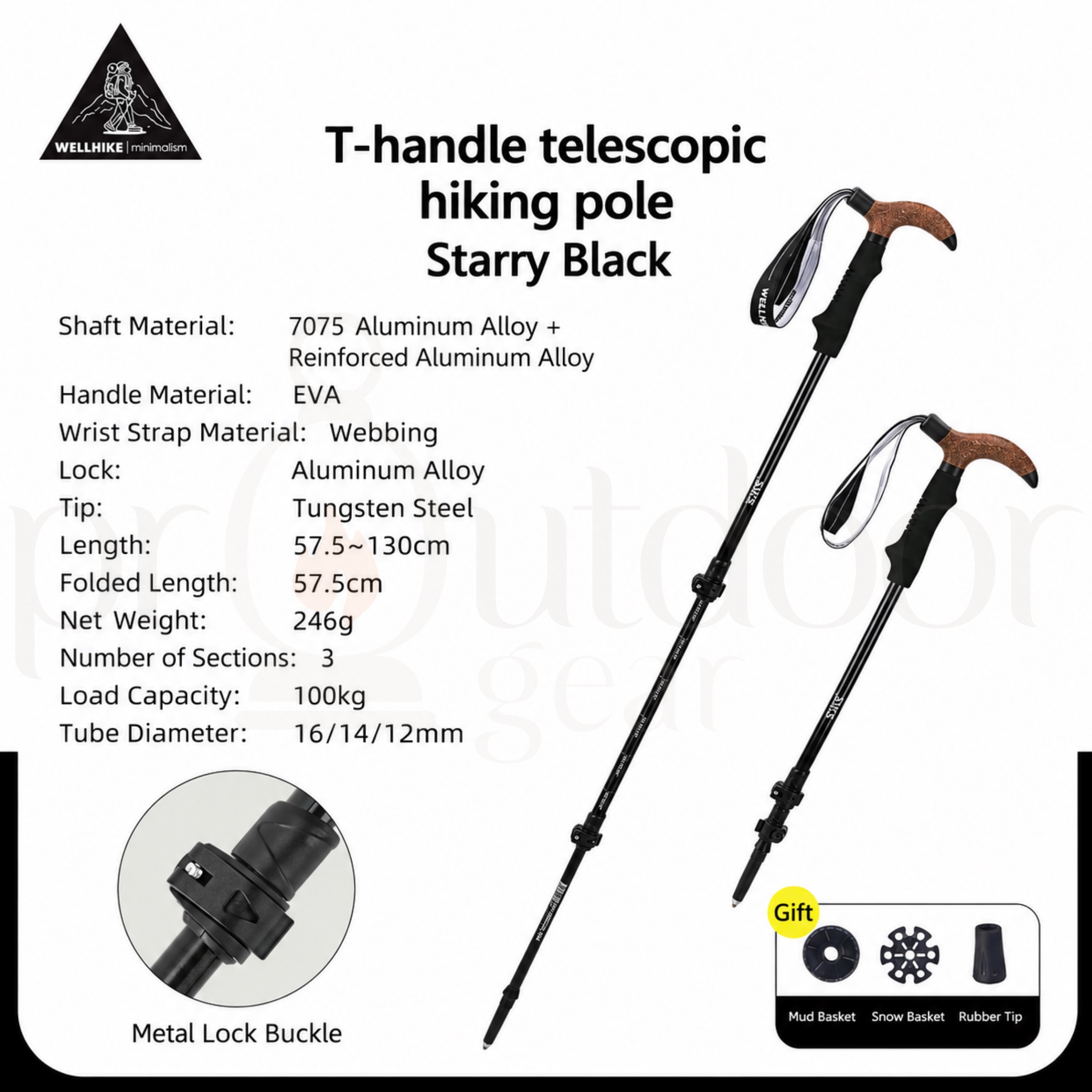 WELLHIKE T-Handle Telescopic Trekking Pole Adjustable 57.5-130cm Lightweight 7075 Aluminum Alloy Hiking Walking Stick