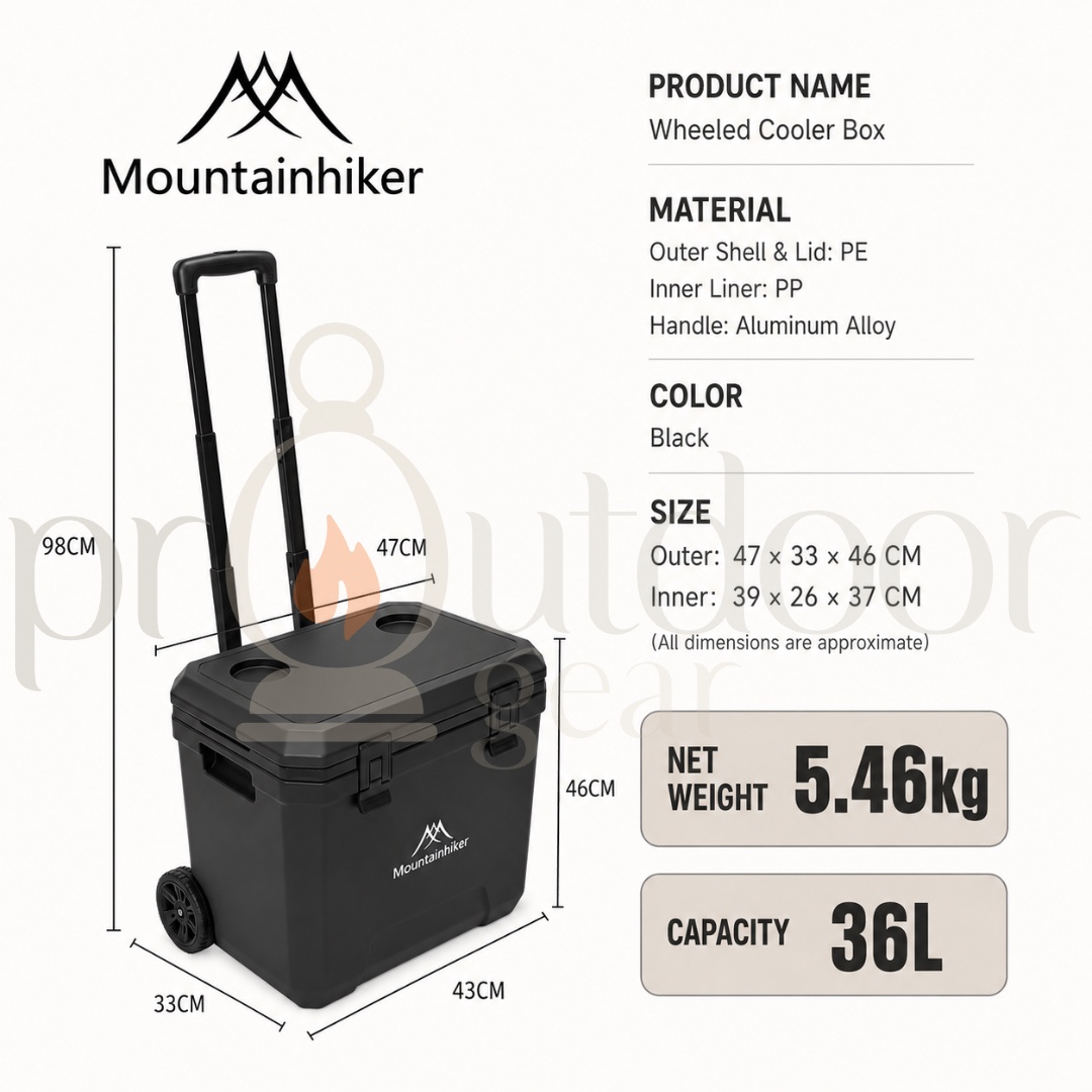 Mountainhiker 36L Cooler Box with Rollers Portable Outdoor Food Storage Camping Fishing Ice Cooler