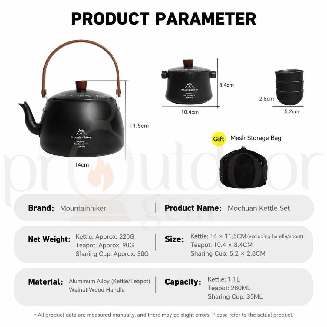 MOUNTAINHIKER SZK1418 Outdoor Camping 5-in-1 Tea Set 1.1L Aluminium Alloy Kettle Teapot 3 Tea Cups Portable Tea Set
