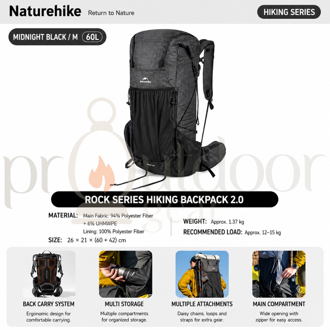 NATUREHIKE CNK2550XB018 Rock Series Hiking Backpack 2.0 60L Lightweight Trekking Backpack Outdoor Camping Travel Bag