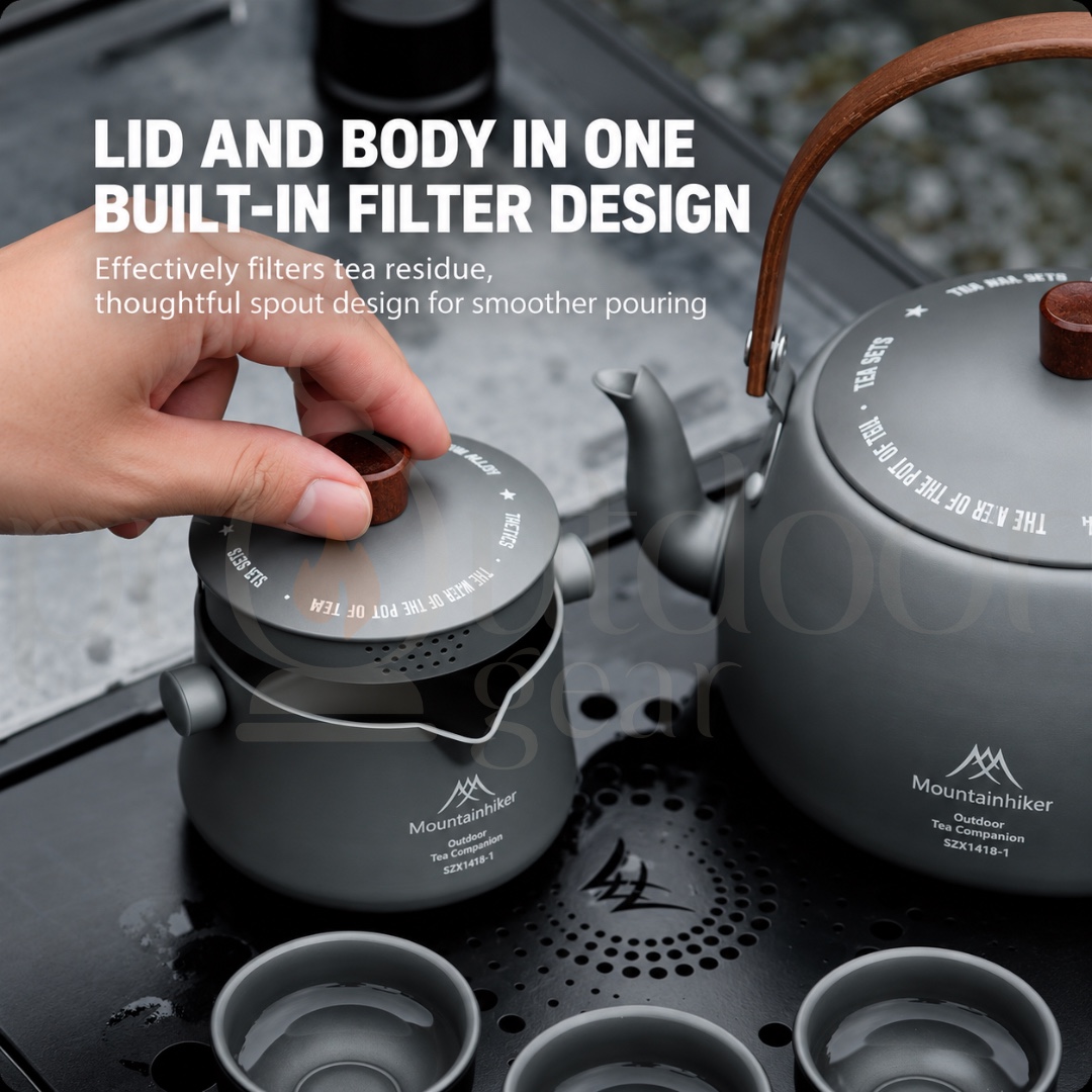 MOUNTAINHIKER SZK1418 Outdoor Camping 5-in-1 Tea Set 1.1L Aluminium Alloy Kettle Teapot 3 Tea Cups Portable Tea Set