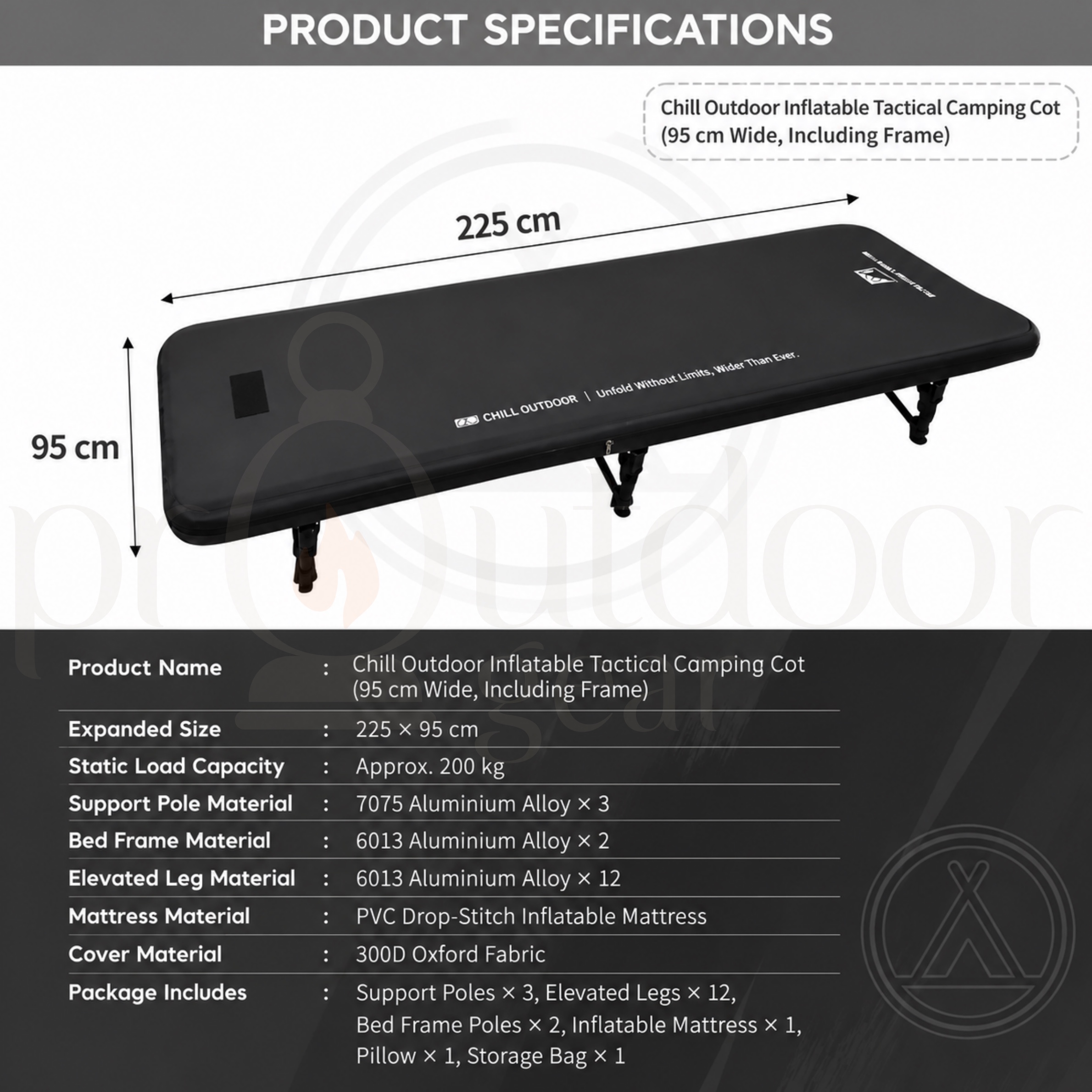 CHILL OUTDOOR Giant Inflatable Tactical Camping Cot Bed Outdoor with Aluminium Frame Portable Sleeping Mattress