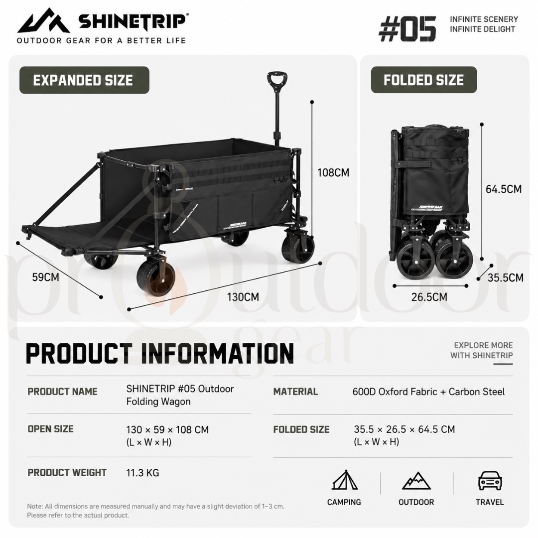 SHINETRIP A605 495L Outdoor Folding Wagon 450KG Heavy Duty Camping Trolley Foldable Cart Extendable Storage