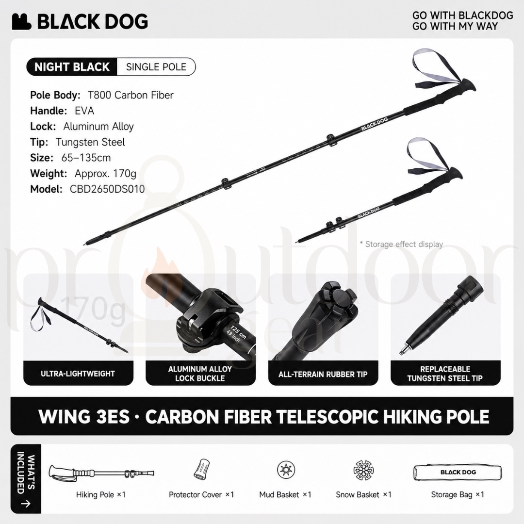 BLACKDOG CBD2650DS010 WING 3ES T800 Carbon Fiber Telescopic Hiking Pole 65-135cm Lightweight Trekking Pole