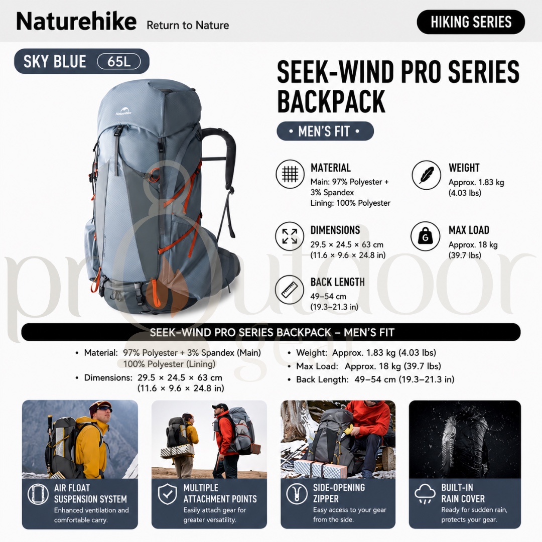 NATUREHIKE CNK2550XB018 Rock Series Hiking Backpack 2.0 60L Lightweight Trekking Backpack Outdoor Camping Travel Bag