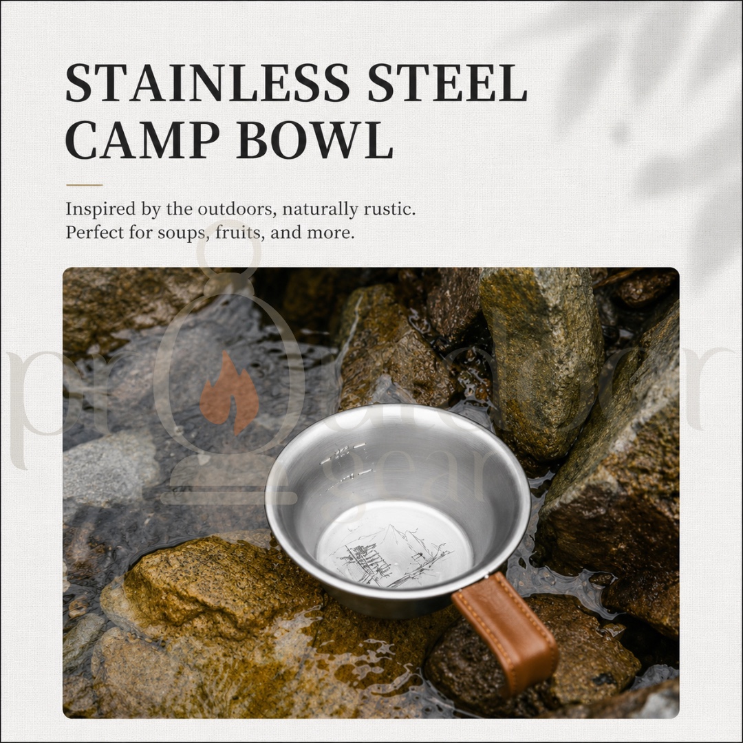 NATUREHIKE NH21CJ002 Stainless Steel Vintage Camping Bowl 300ml 304 Stainless Steel Leather Handle Outdoor Camping