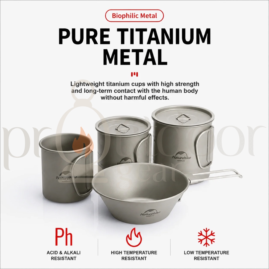 NATUREHIKE 20CJ Titanium Camping Cup & Bowl Ultralight Outdoor Mug Bowl with Lid Foldable Handle Backpacking Cookware