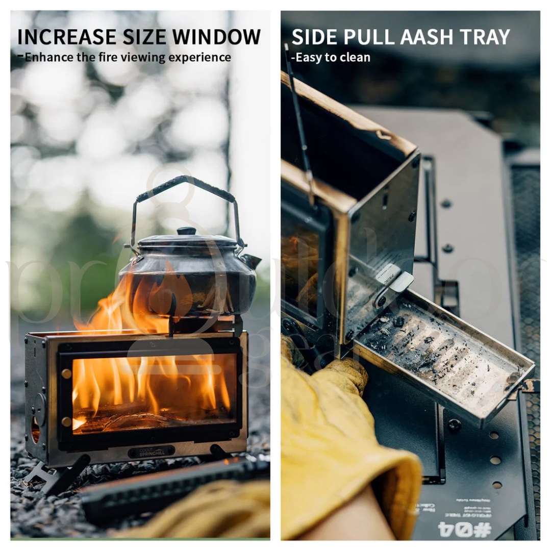 GOOUT Springhill Mini Fireplace Stove Portable Camping Wood Stove Stainless Steel Firebox Glass Window Outdoor Heater