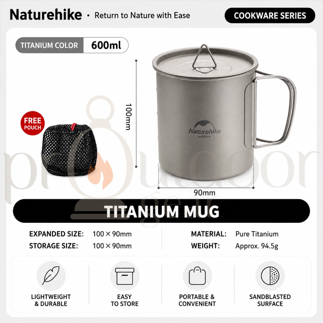 NATUREHIKE 20CJ Titanium Camping Cup & Bowl Ultralight Outdoor Mug Bowl with Lid Foldable Handle Backpacking Cookware