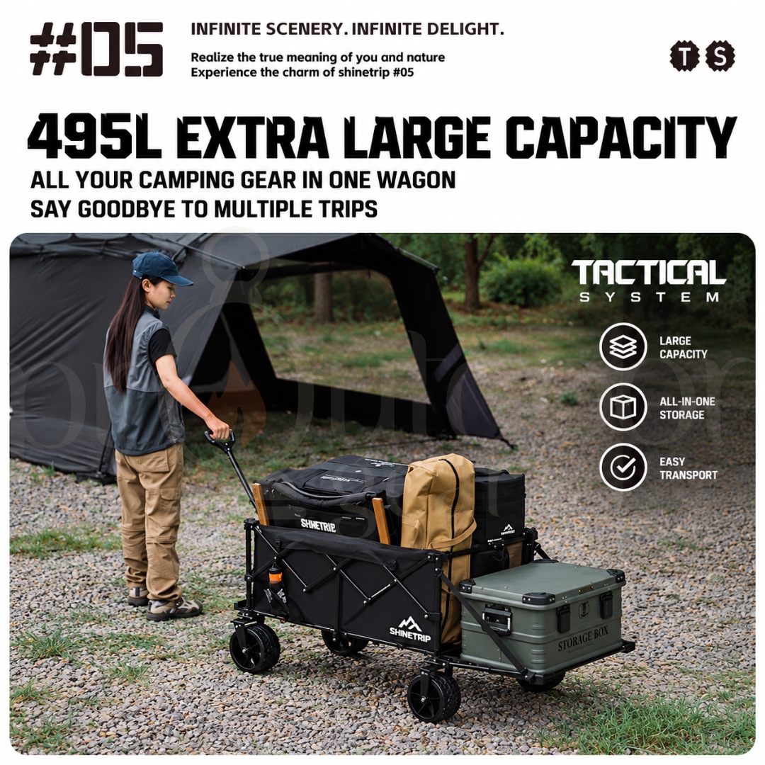 SHINETRIP A605 495L Outdoor Folding Wagon 450KG Heavy Duty Camping Trolley Foldable Cart Extendable Storage