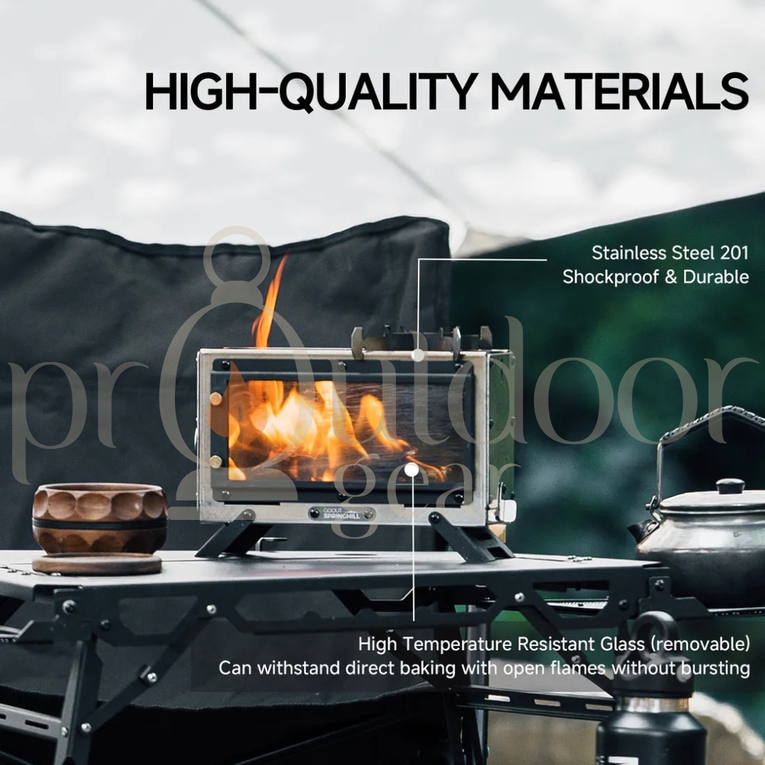 GOOUT Springhill Mini Fireplace Stove Portable Camping Wood Stove Stainless Steel Firebox Glass Window Outdoor Heater