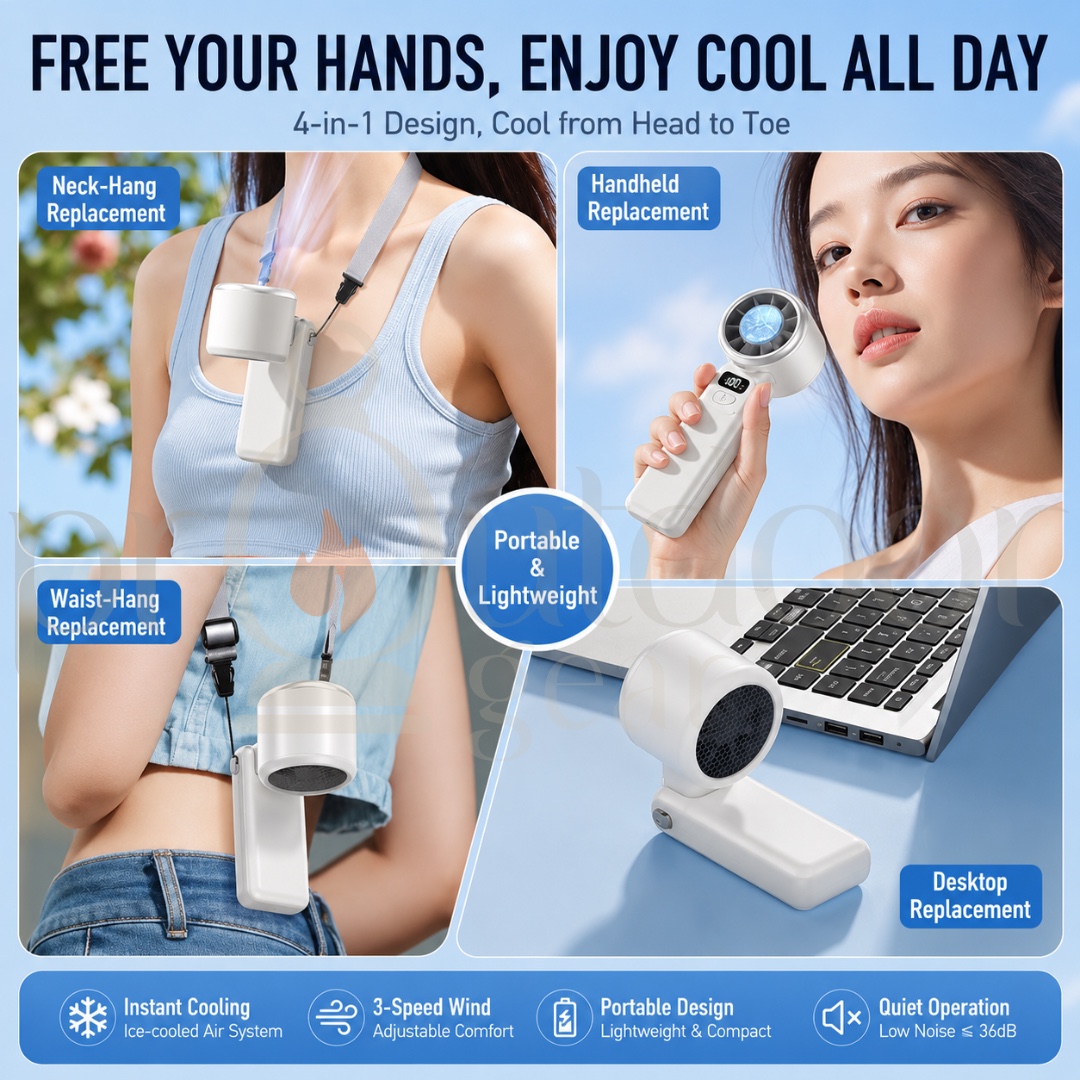 H03B Portable Ice Cooling Handheld Fan Rechargeable USB-C 5 Speed LED Display Neck Hanging Desktop Camping Travel Fan