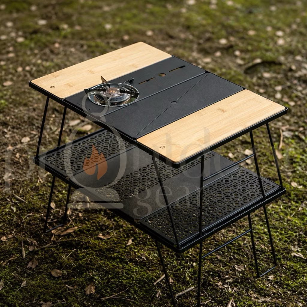 CAMPINGMOON CK-1G/CK-2G IGT Double Layer Modular Camping Table Bamboo Top Foldable Cooking Table BBQ Picnic Table