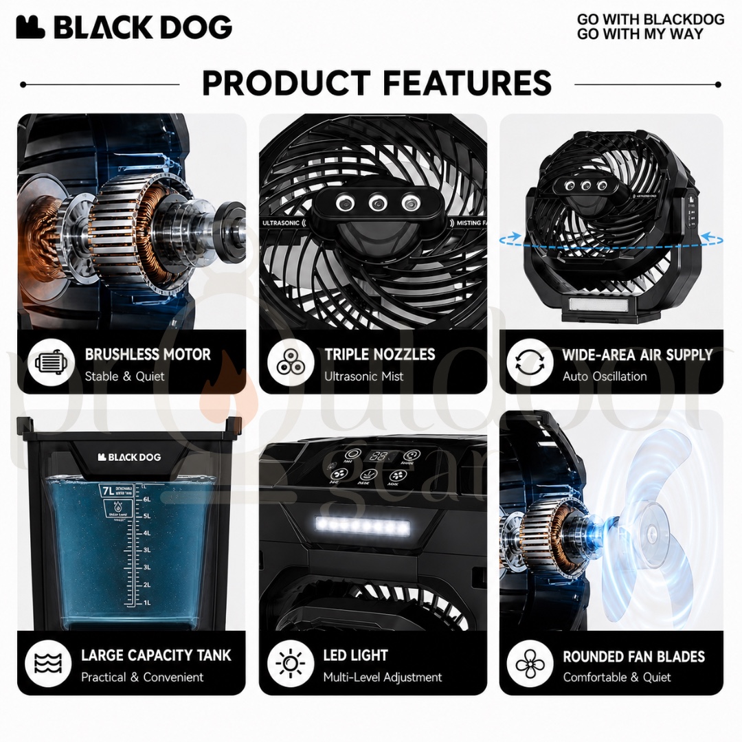 BLACKDOG CBD2659518010 Qiangxi Pro Outdoor Camping Fan 20000mAh Rechargeable Mist Fan 7L Water Tank Triple Mist Light
